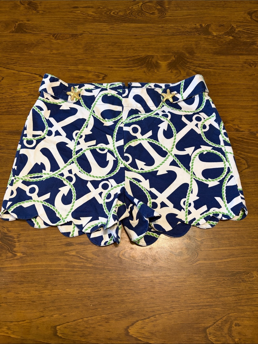 Mud Pie Navy, White & Green Nautical Scallop Hem Shorts